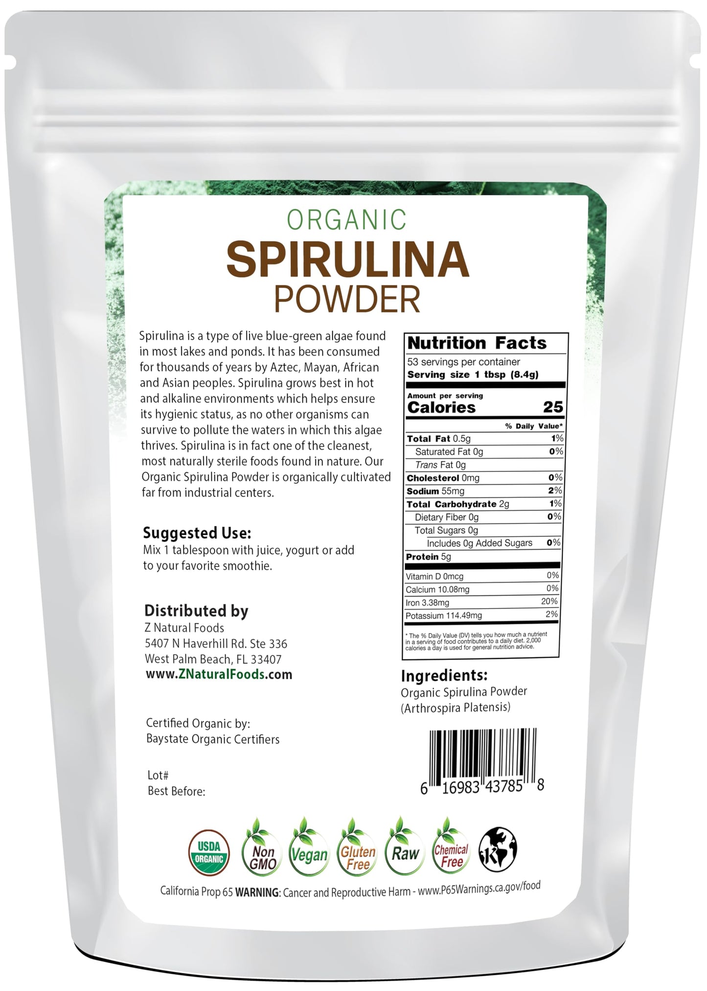 Z Natural Foods Organic Spirulina Powder - 100% Pure Spirulina, Nutrient-Dense Blue-Green Algae Superfood with Amino Acids, 15x Beta-Carotene - Mix in Smoothies, Yogurt, Recipes, 1 lb (Pack of 2)