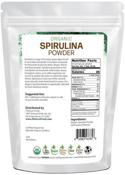 Z Natural Foods Organic Spirulina Powder - 100% Pure Spirulina, Nutrient-Dense Blue-Green Algae Superfood with Amino Acids, 15x Beta-Carotene - Mix in Smoothies, Yogurt, Recipes, 1 lb (Pack of 2)