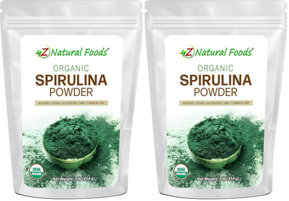 Z Natural Foods Organic Spirulina Powder - 100% Pure Spirulina, Nutrient-Dense Blue-Green Algae Superfood with Amino Acids, 15x Beta-Carotene - Mix in Smoothies, Yogurt, Recipes, 1 lb (Pack of 2)
