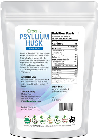 Z Natural Foods Organic Whole Psyllium Husk Flakes – Natural Fiber Supplement, Vegan, Gluten-Free, 1 lb