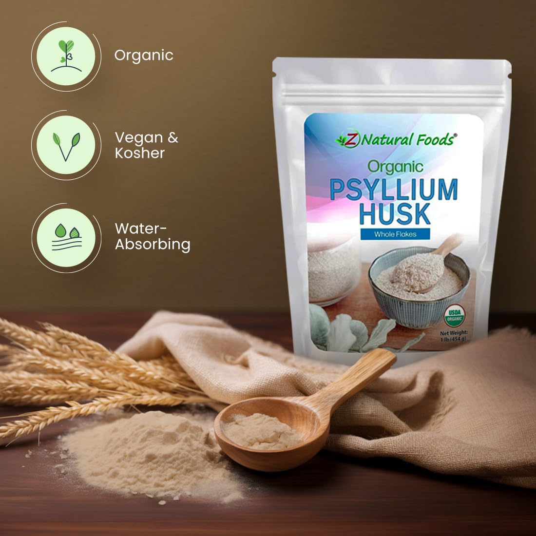 Z Natural Foods Organic Whole Psyllium Husk Flakes – 3 lb, Non-GMO, Vegan & Gluten-Free