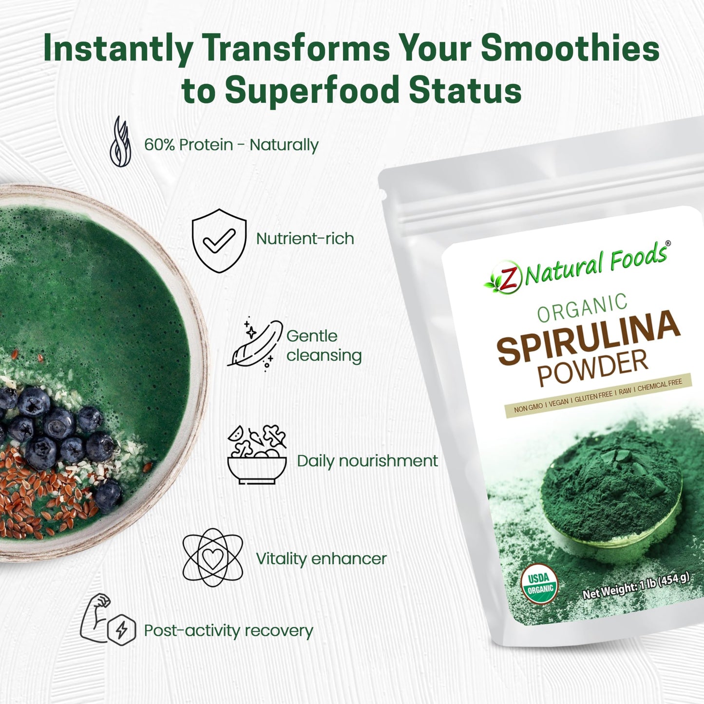 Z Natural Foods Organic Spirulina Powder – 100% Pure, Nutrient-Dense Blue-Green Algae