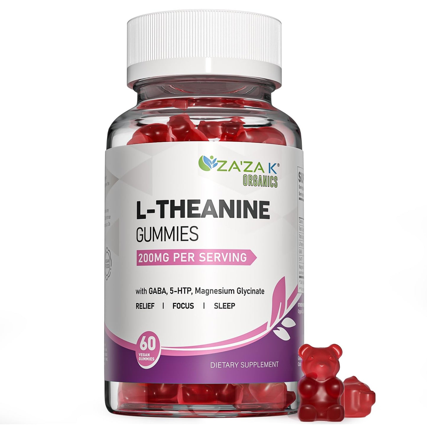 ZA'ZA K ORGANICS L-Theanine 200mg Gummy - Vegan Peach Flavor, Stress & Focus Support (60 Chewables)