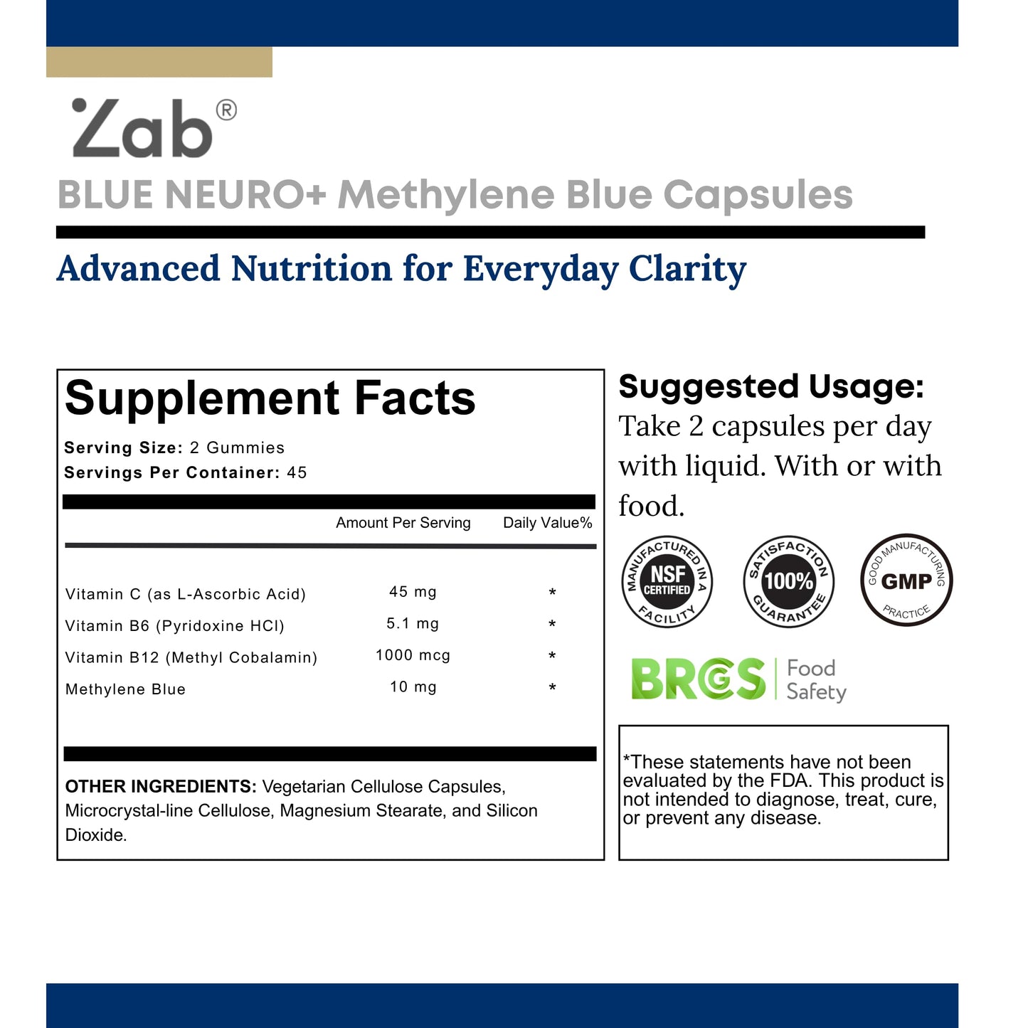 ZAB Methylene Blue Capsules | Brain Support with Vitamin C & B Complex – 10 mg USP Grade