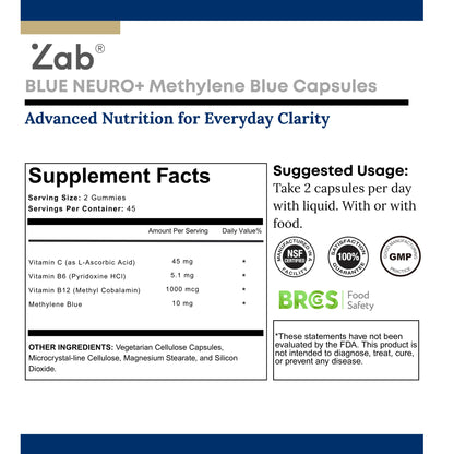 ZAB Methylene Blue Capsules | Brain Support with Vitamin C & B Complex – 10 mg USP Grade
