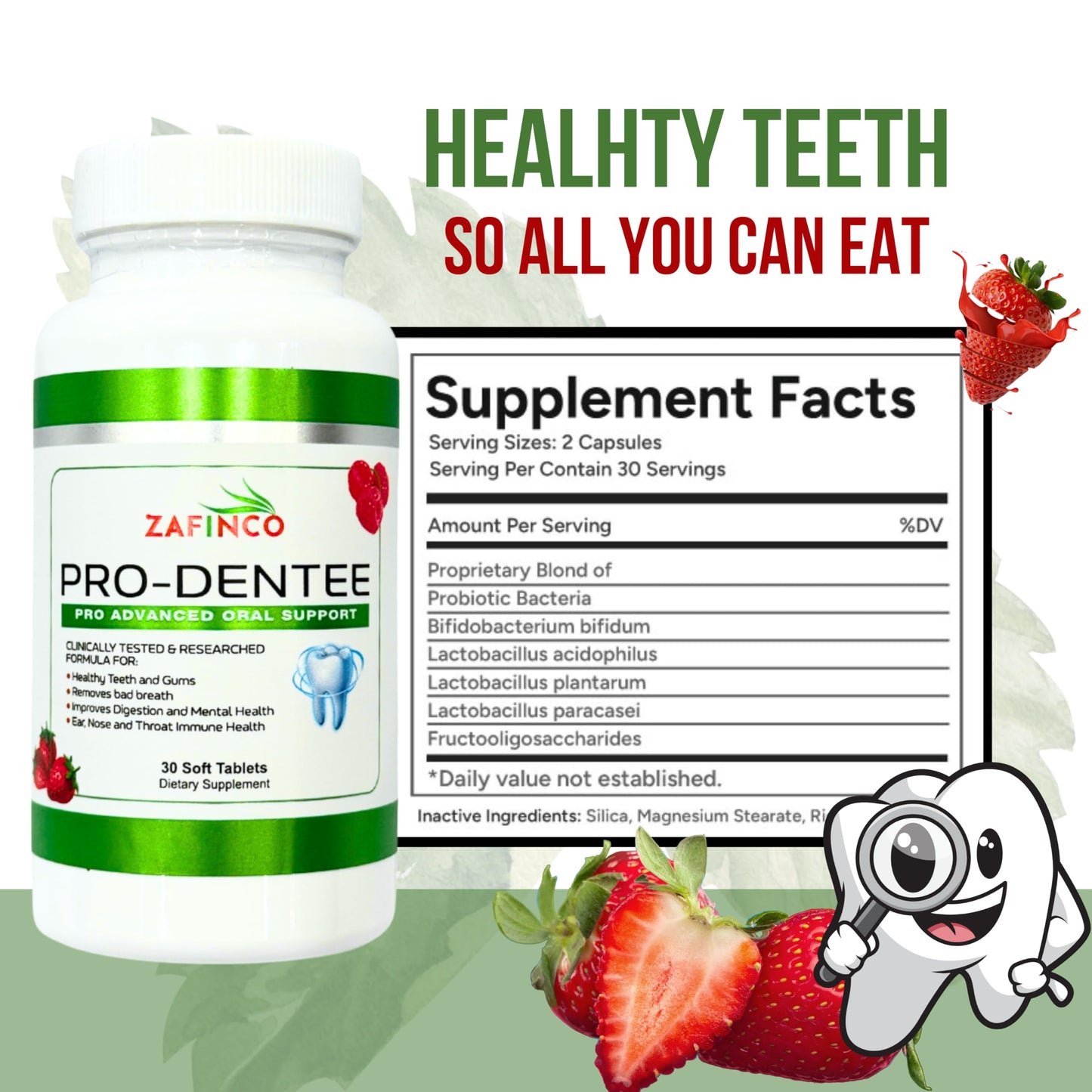 ZAFINCO-PRODENTEE Teeth & Gums Health – 3.5B CFU Probiotics, Mint Flavored Chewables, 30 Count, Made in USA