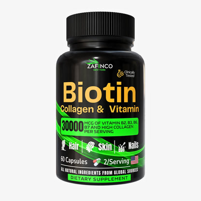 ZAFiNCO 30000 mcg Biotin Hair Skin Nails – High Potency, Hyaluronic Acid | 60 Capsules | Made in USA