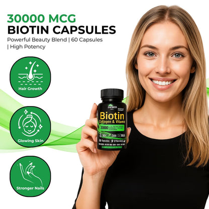 ZAFiNCO 30000 mcg Biotin Hair Skin Nails – High Potency, Hyaluronic Acid | 60 Capsules | Made in USA
