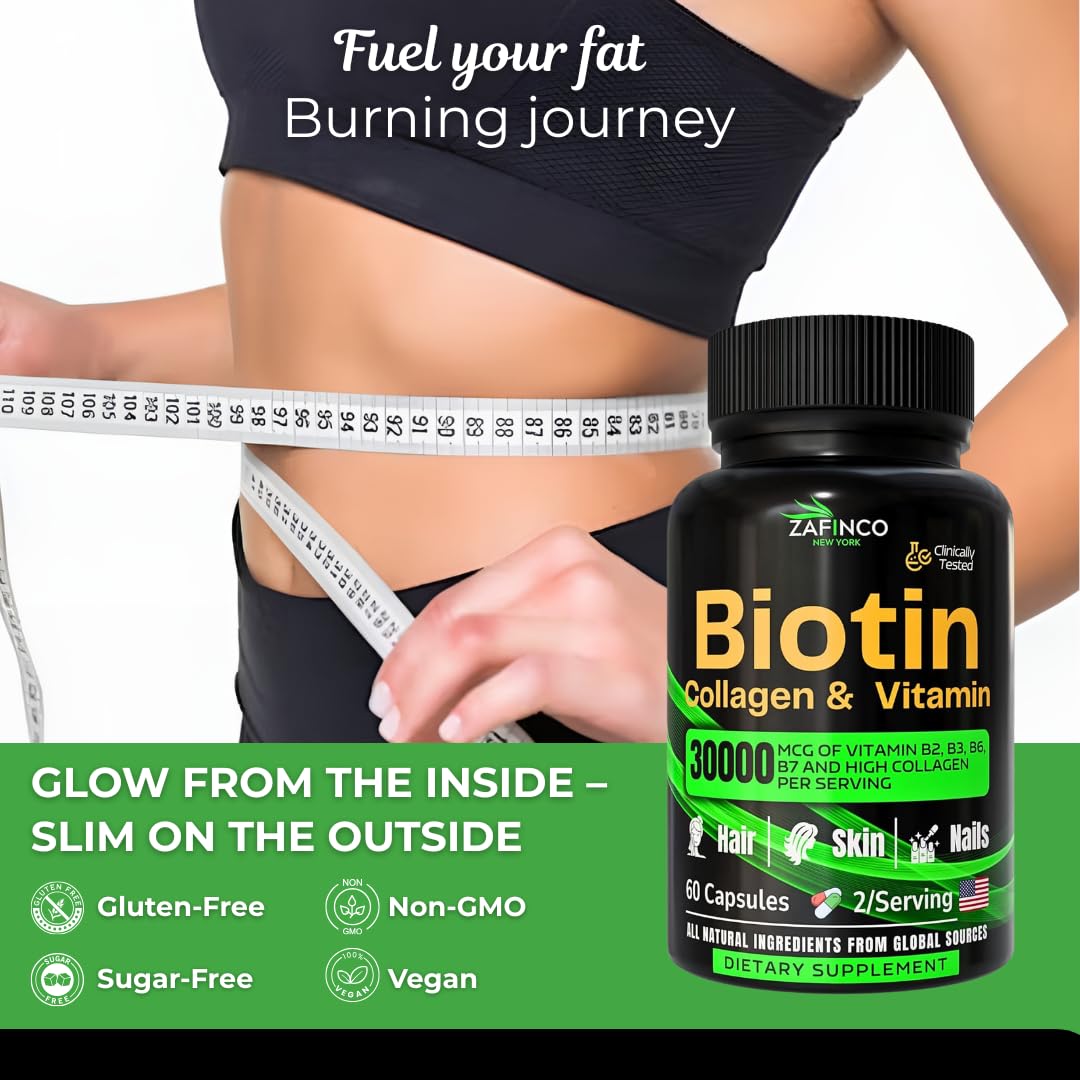 ZAFiNCO 30000 mcg Biotin Hair Skin Nails – High Potency, Hyaluronic Acid | 60 Capsules | Made in USA