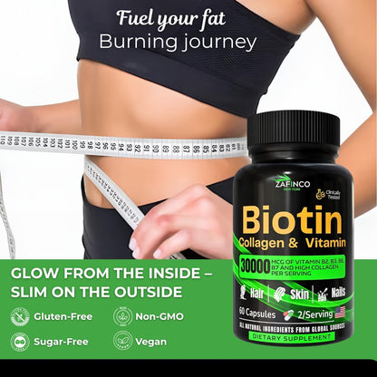 ZAFiNCO 30000 mcg Biotin Hair Skin Nails – High Potency, Hyaluronic Acid | 60 Capsules | Made in USA