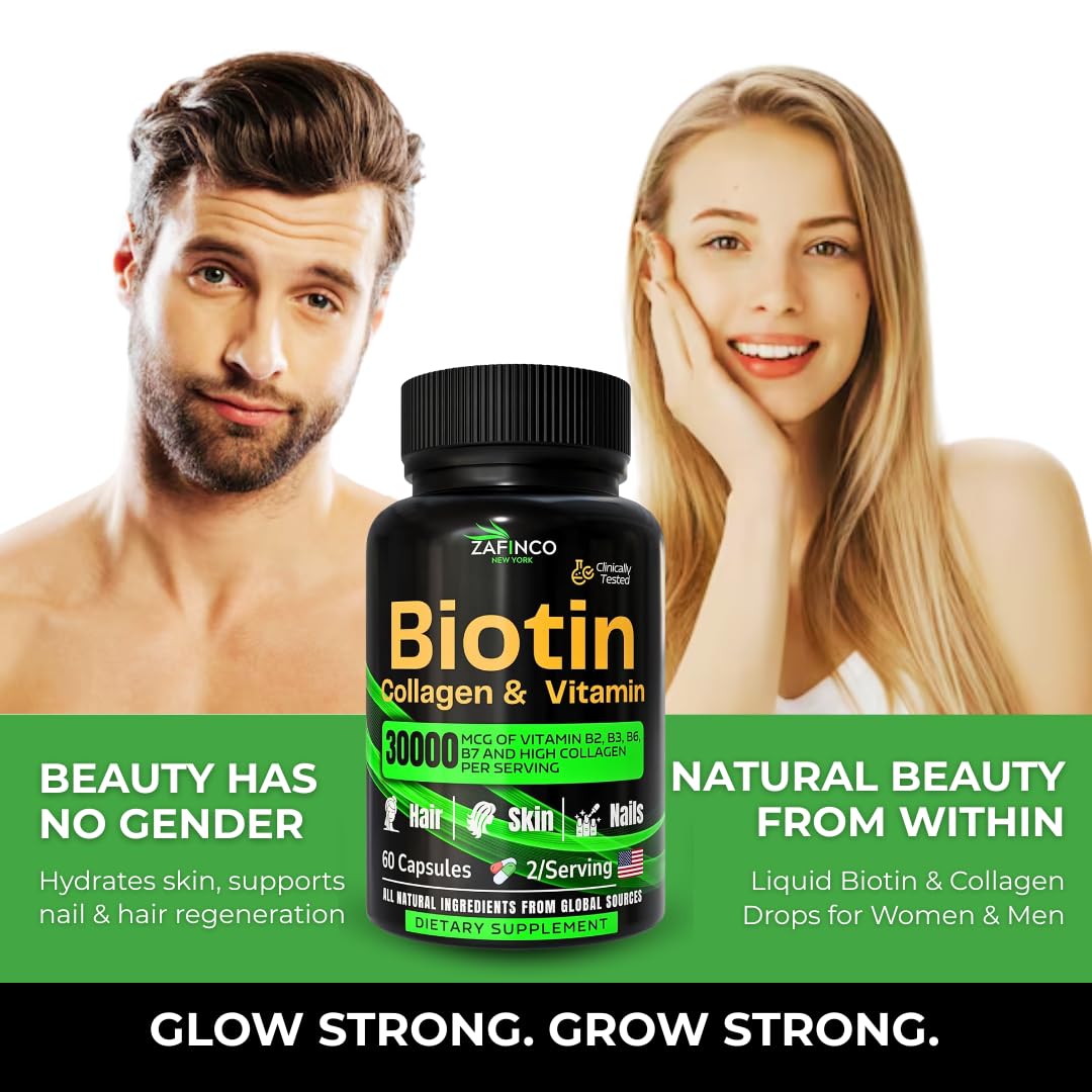 ZAFiNCO 30000 mcg Biotin Hair Skin Nails – High Potency, Hyaluronic Acid | 60 Capsules | Made in USA