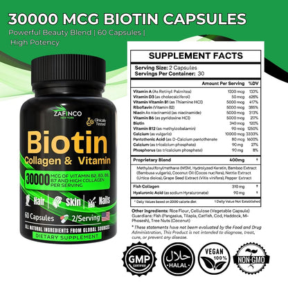 ZAFiNCO 30000 mcg Biotin Hair Skin Nails – High Potency, Hyaluronic Acid | 60 Capsules | Made in USA