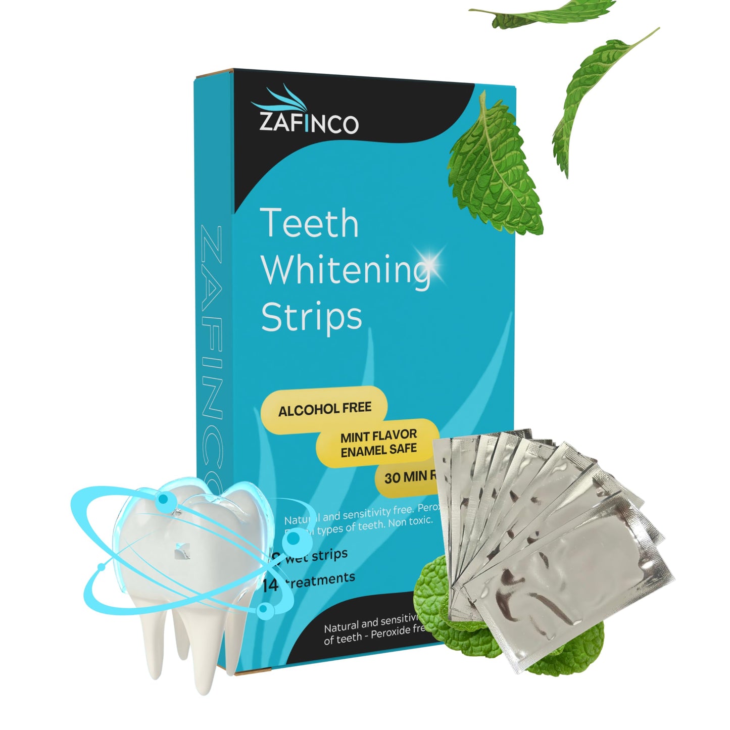 ZAFINCO Teeth Whitening Strips - Mint, Peroxide Free, Enamel Safe, Made in USA