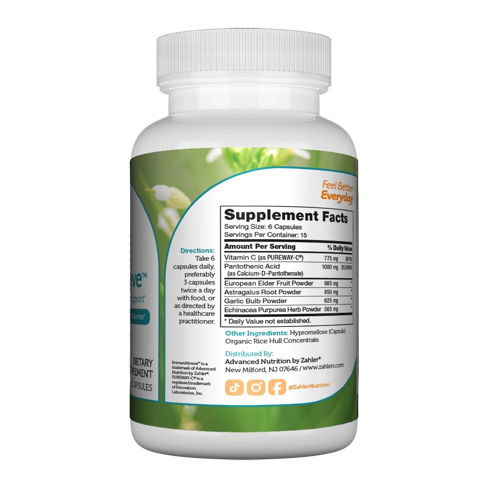 Zahler Abreve Immune Support - 90 Capsules | Vitamin C, Pantothenic Acid, Echinacea | Kosher