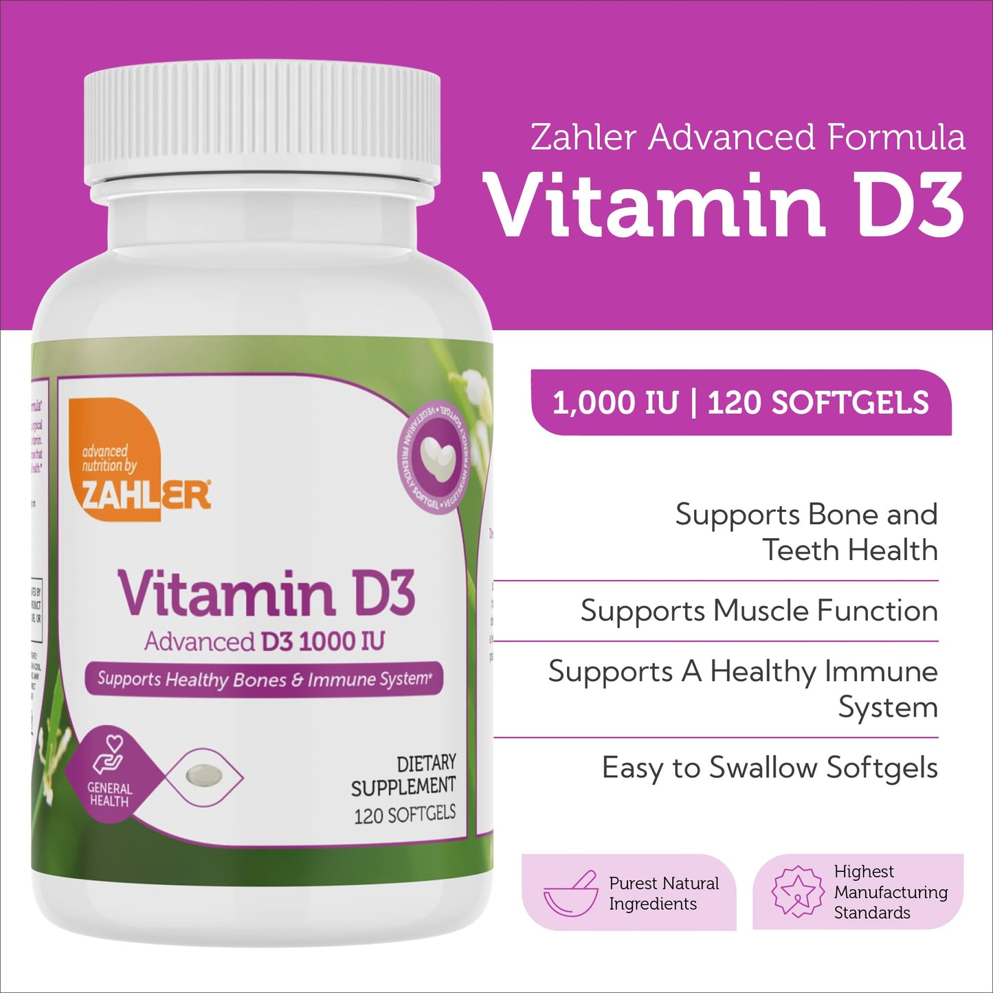 Zahler Advanced Vitamin D3 1000 IU Softgels – 120 Count | Kosher & Vegetarian