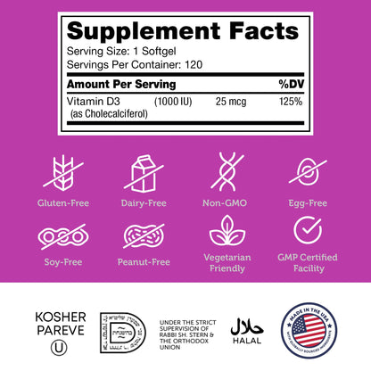 Zahler Advanced Vitamin D3 1000 IU Softgels – 120 Count | Kosher & Vegetarian