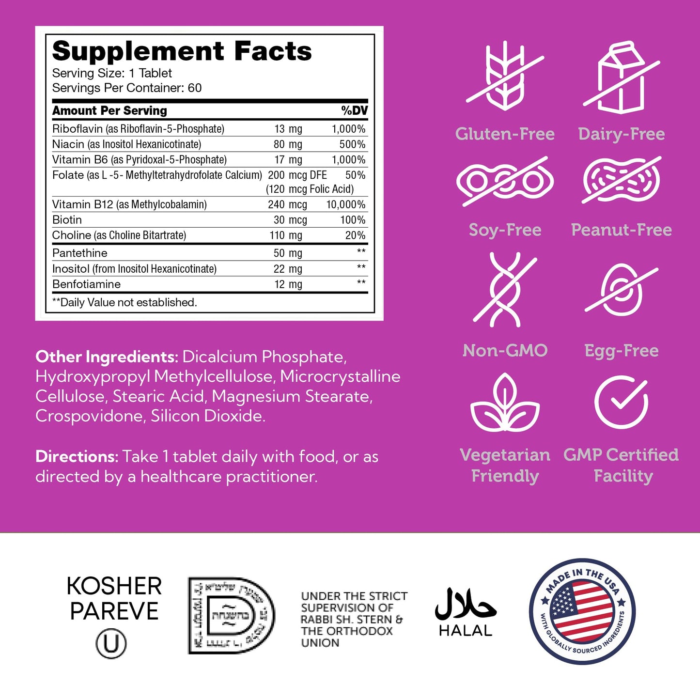 Zahler B-Complex Vitamins for Women & Men | 60 Tablets | Gluten Free & Kosher