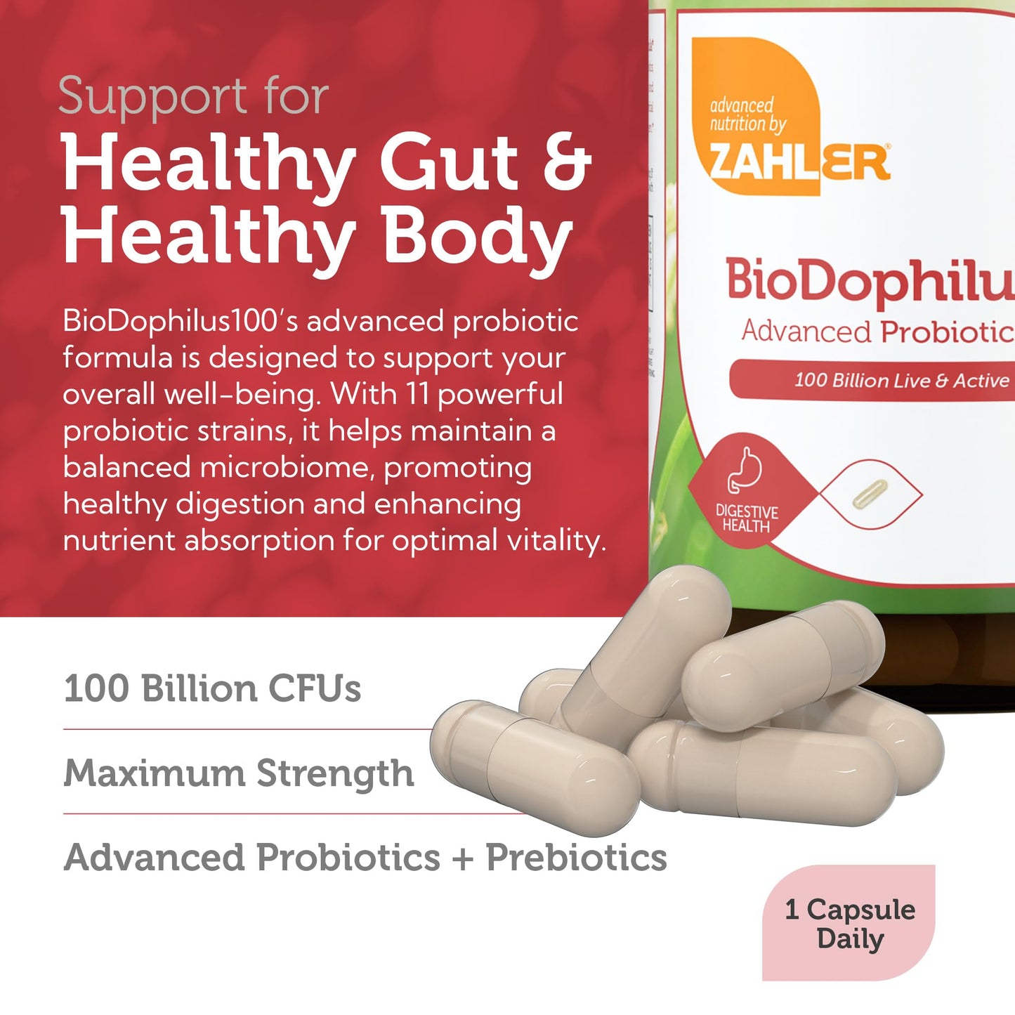 Zahler BioDophilus100 Probiotic | 100 Billion CFU | 11 Strains | 30 Ct