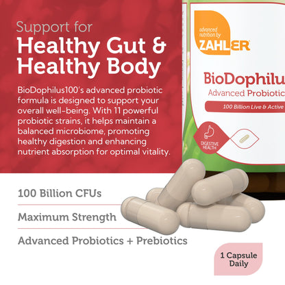 Zahler BioDophilus100 Probiotic | 100 Billion CFU | 11 Strains | 30 Ct