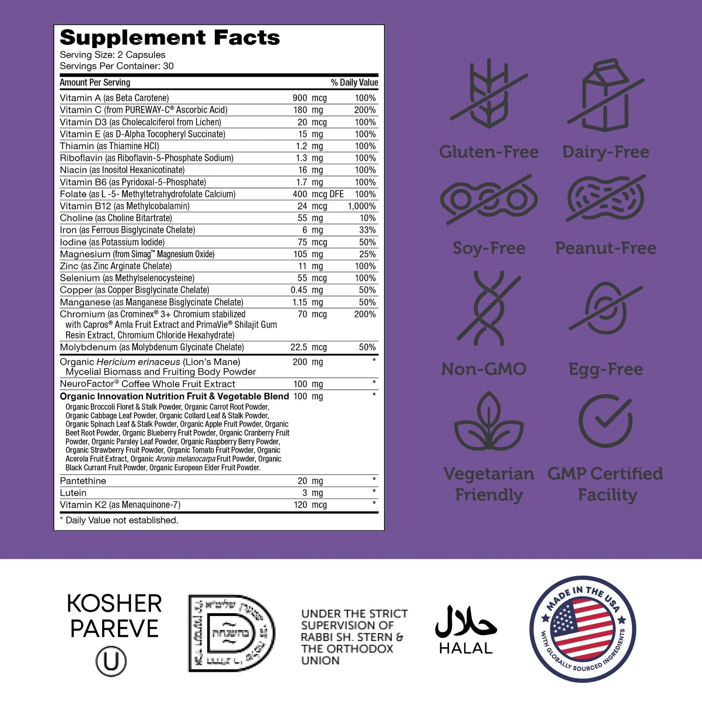 Zahler Multivitamin Brain Supplement (60 Count) – Kosher Brainfood with Lion's Mane & NeuroFactor