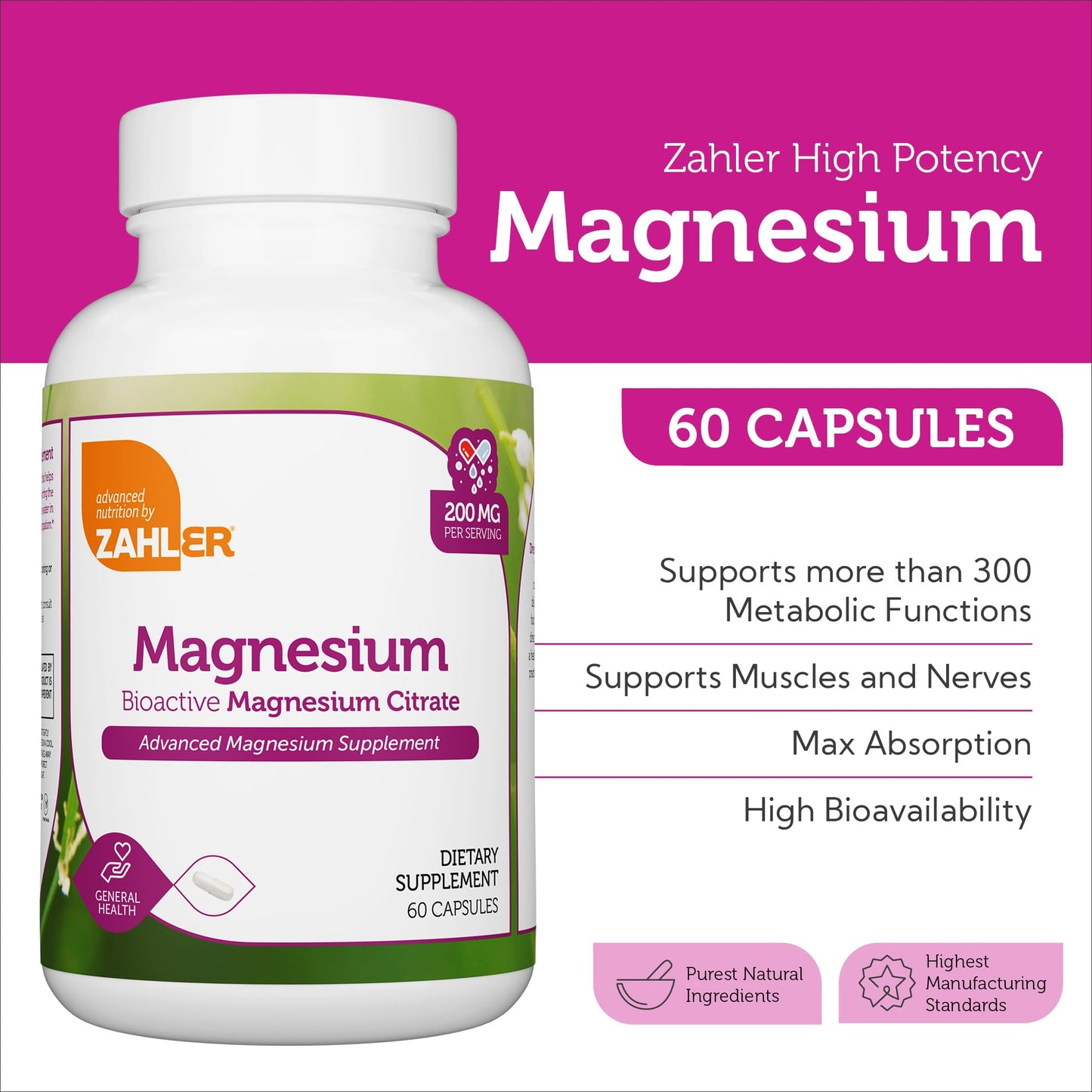 Zahler Magnesium Supplement Capsules 200 mg | 60 Count | Kosher Certified
