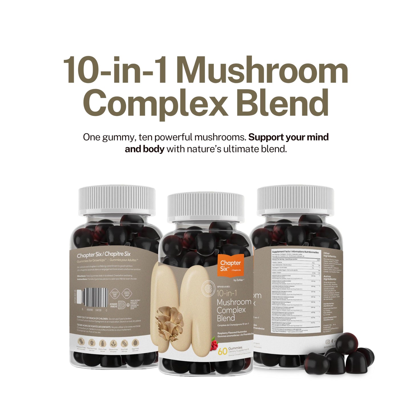 Zahler Chapter Six 10 in 1 Mushroom Complex Blend – Raspberry Flavor, 60 Count