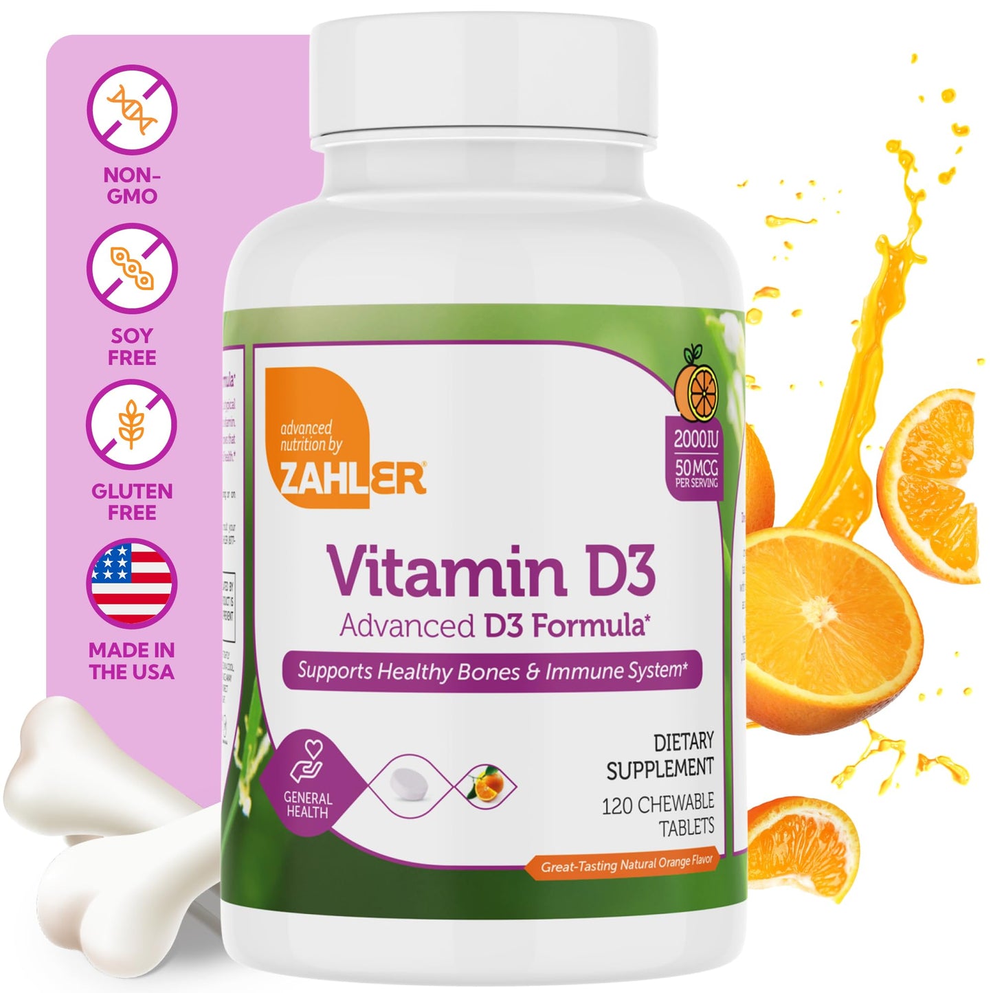 Zahler Chewable Vitamin D3 2000 IU – Bone & Immune Health (120 Count) Pack of 2
