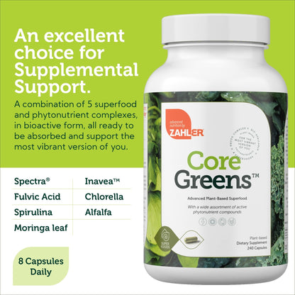Zahler Core Greens – Superfood Greens Capsules with Spirulina, Chlorella, Spectra Blend | Kosher, 240 Capsules (240 Capsules)