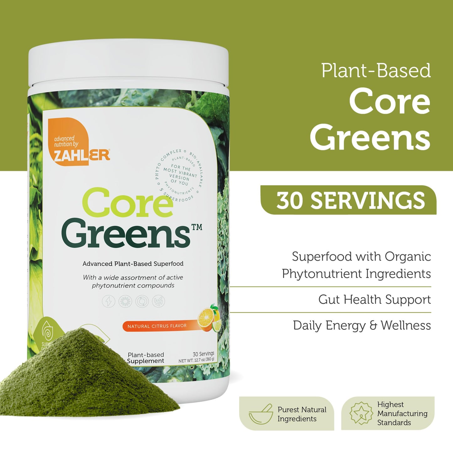 Zahler Core Greens Powder - Organic Greens Superfood (Citrus) | Spirulina, Chlorella & More