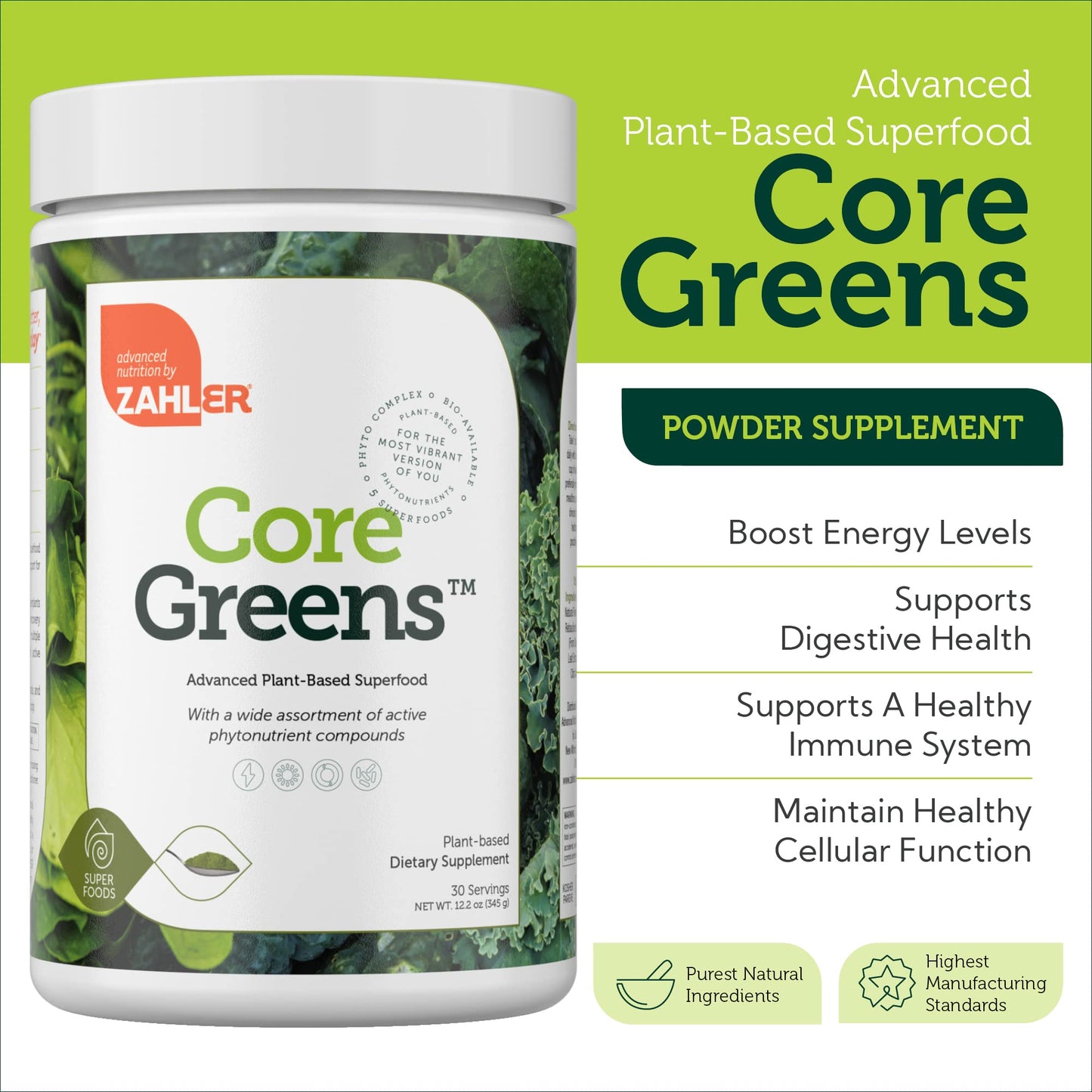 Zahler Core Greens Powder – Superfood Greens, Spirulina, Chlorophyll | Kosher