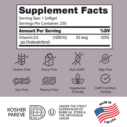 Zahler Vitamin D3 1000 IU Softgels (250 Count) – Kosher, Vegetarian Friendly, Immune, Bone & Teeth Support