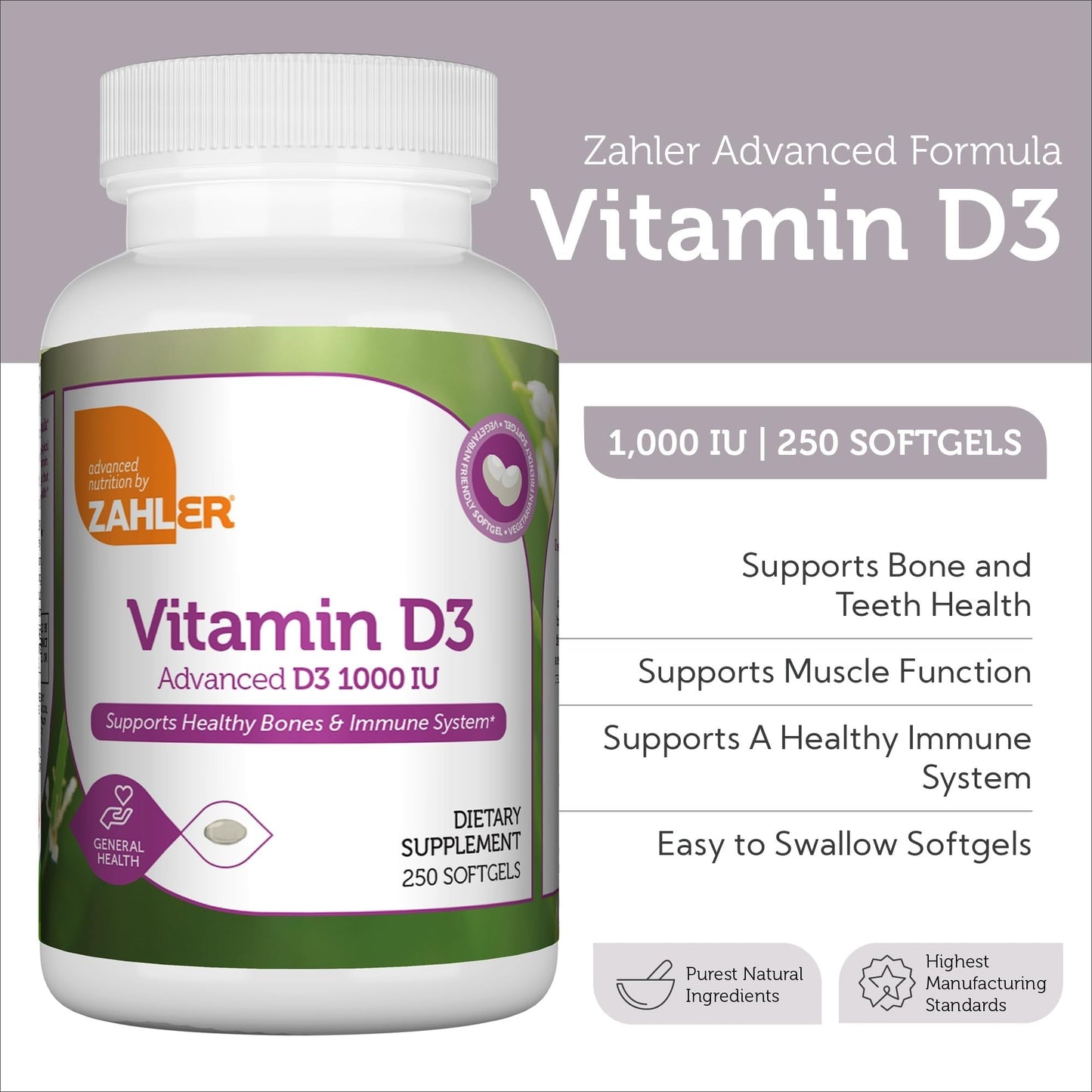 Zahler Vitamin D3 1000 IU Softgels (250 Count) – Kosher, Vegetarian Friendly, Immune, Bone & Teeth Support