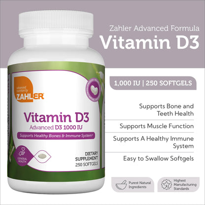 Zahler Vitamin D3 1000 IU Softgels (250 Count) – Kosher, Vegetarian Friendly, Immune, Bone & Teeth Support