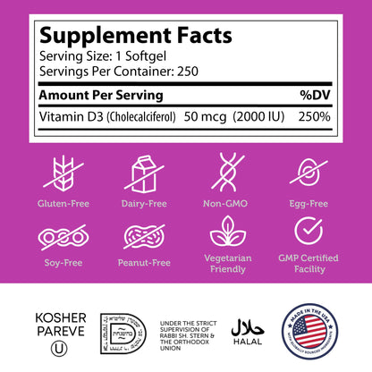 Zahler Vitamin D3 2000 IU Softgels (250 ct) – Kosher & Vegetarian | Immune, Bone & Teeth Support