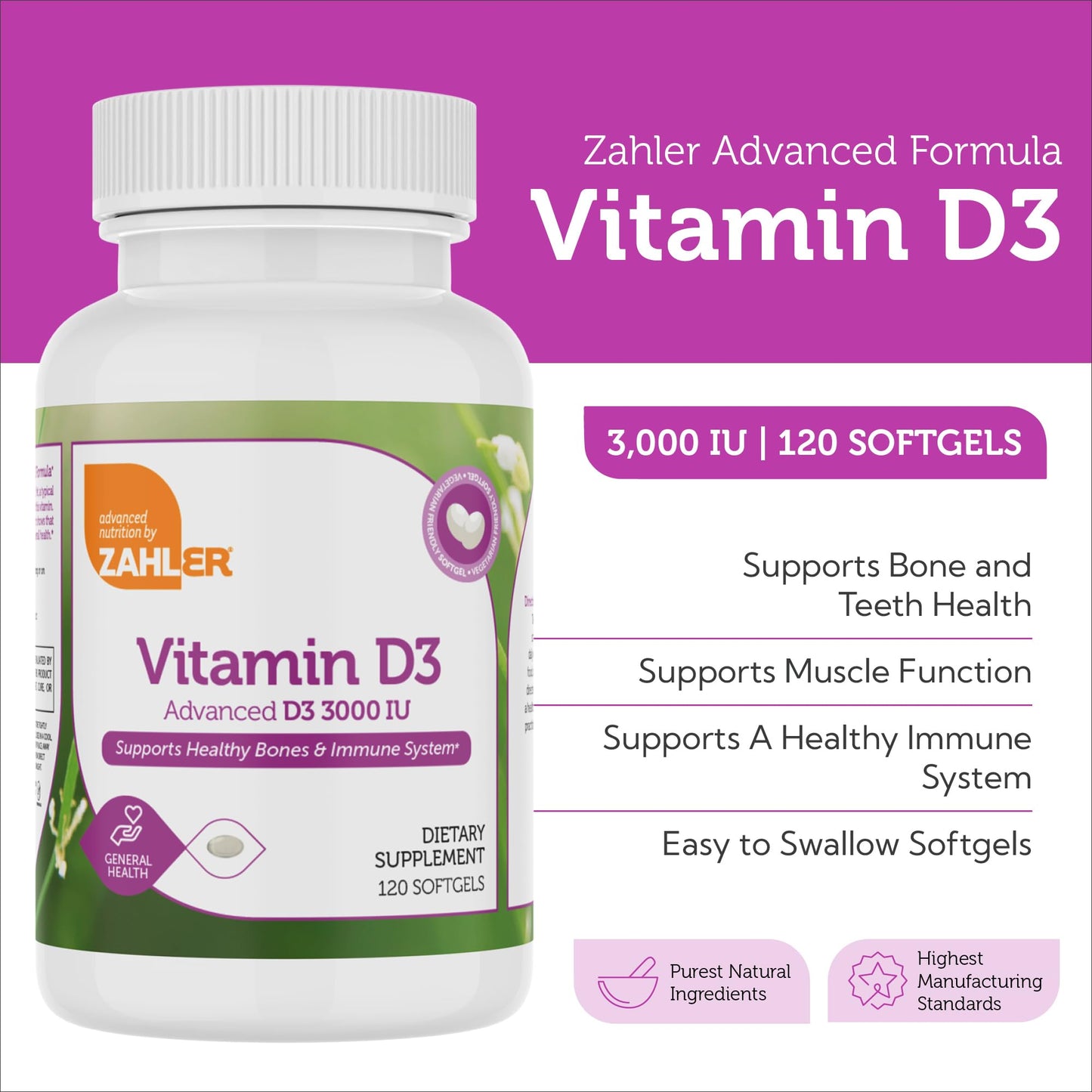 Zahler Vitamin D3 3000 IU Softgels (120) – Kosher, Vegetarian
