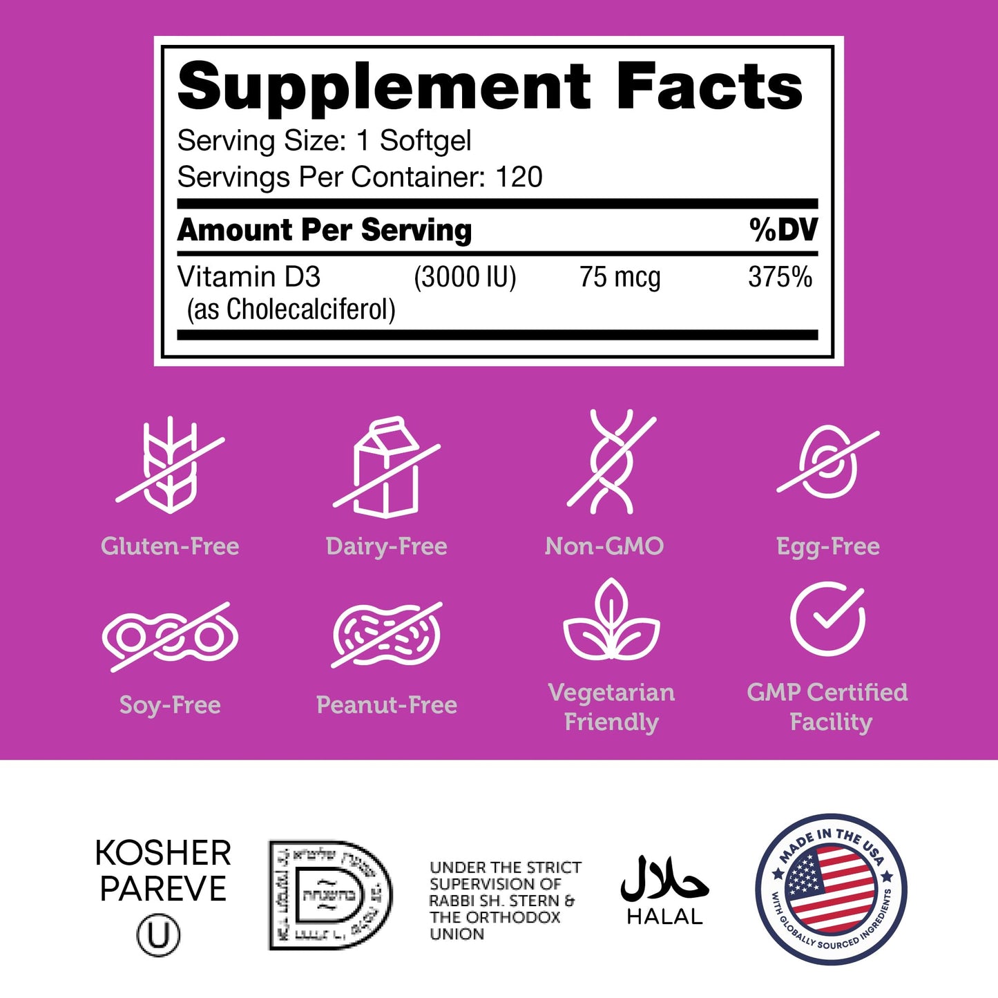 Zahler Vitamin D3 3000 IU Softgels (120) – Kosher, Vegetarian