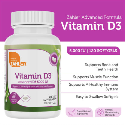 Zahler Vitamin D3 5000 IU Softgels (120 ct) - Kosher Vegetarian, Immune & Bone Health