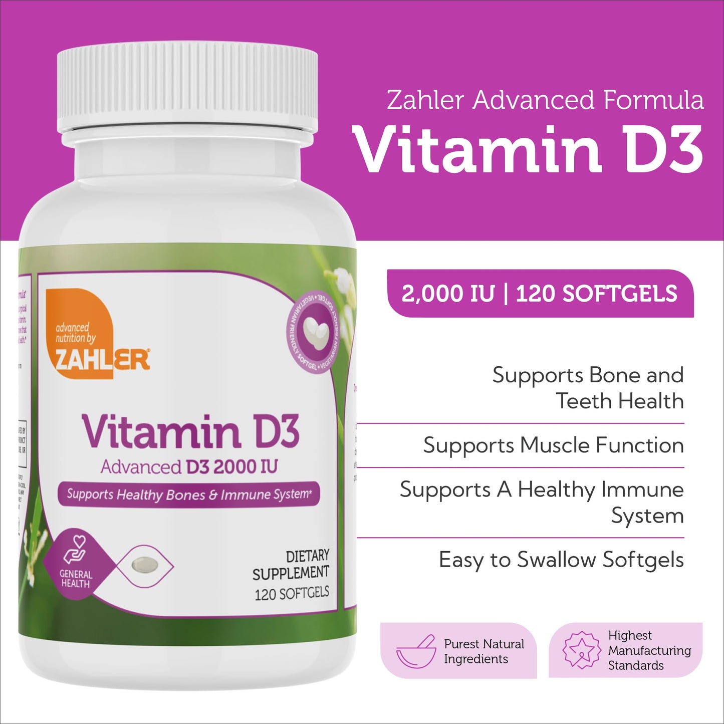 Zahler Advanced Vitamin D3 2000 IU Softgels (120 Count) – Immune Support, Bone & Teeth Health | Kosher & Vegetarian Friendly
