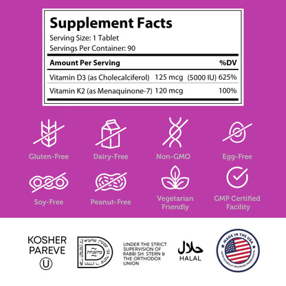 Zahler Vitamin D3 & K2 Chewables (90 Count) – Kosher Peach Apricot, 5000 IU D3 / 120 mcg K2