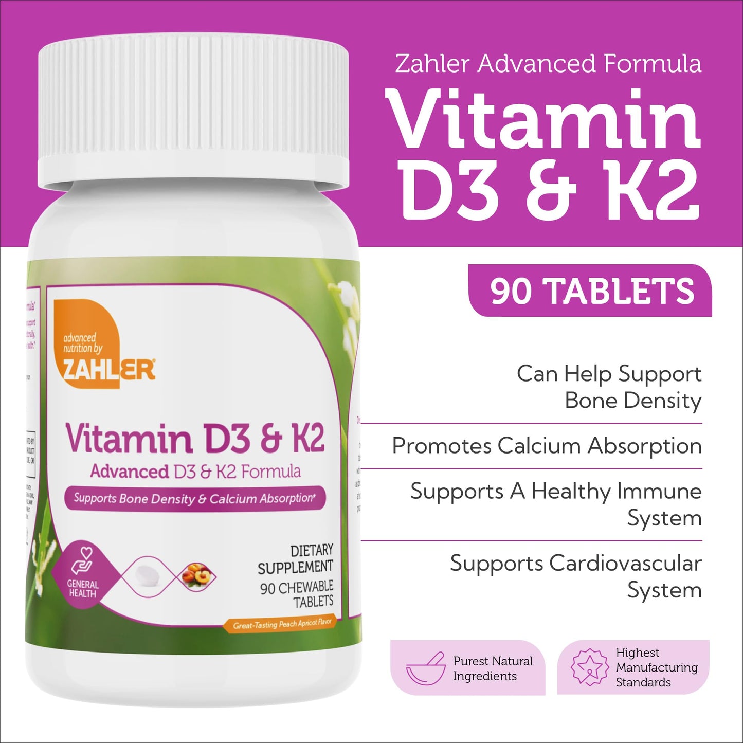 Zahler Vitamin D3 & K2 Chewables (90 Count) – Kosher Peach Apricot, 5000 IU D3 / 120 mcg K2