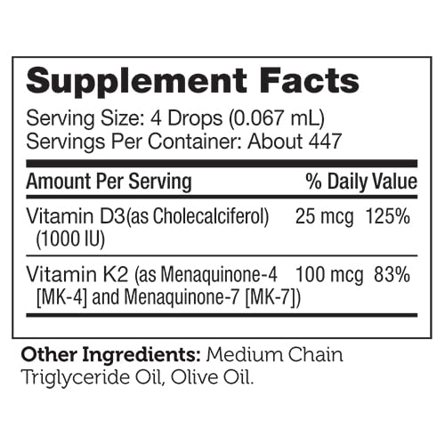 Zahler Vitamin D3 K2 Drops, 1 Fl Oz - 1000IU D3 + 1000mcg K2