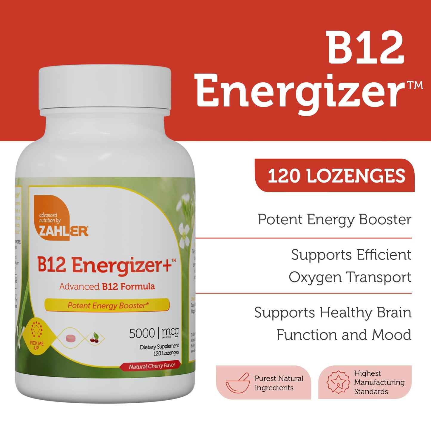 Zahler Energizer+ B12 5000 mcg Lozenges – Cherry Flavor, Made in USA