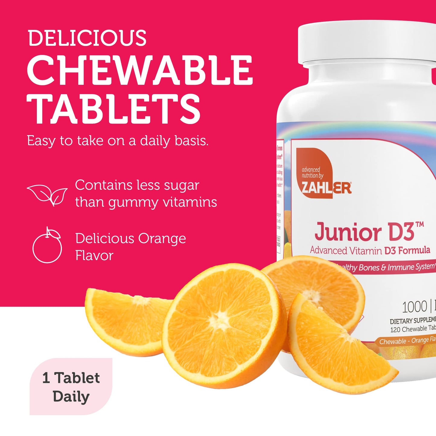 Zahler Junior D3 1000 IU for Kids | Bone & Immune Health | Kosher Orange Flavor 120 Count