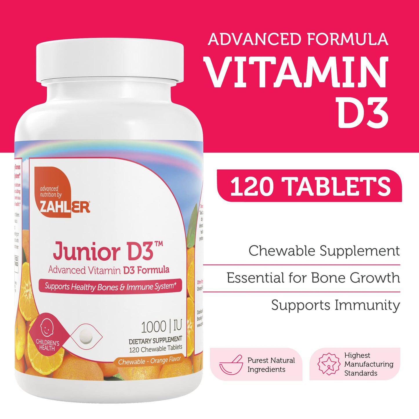 Zahler Junior D3 1000 IU for Kids | Bone & Immune Health | Kosher Orange Flavor 120 Count
