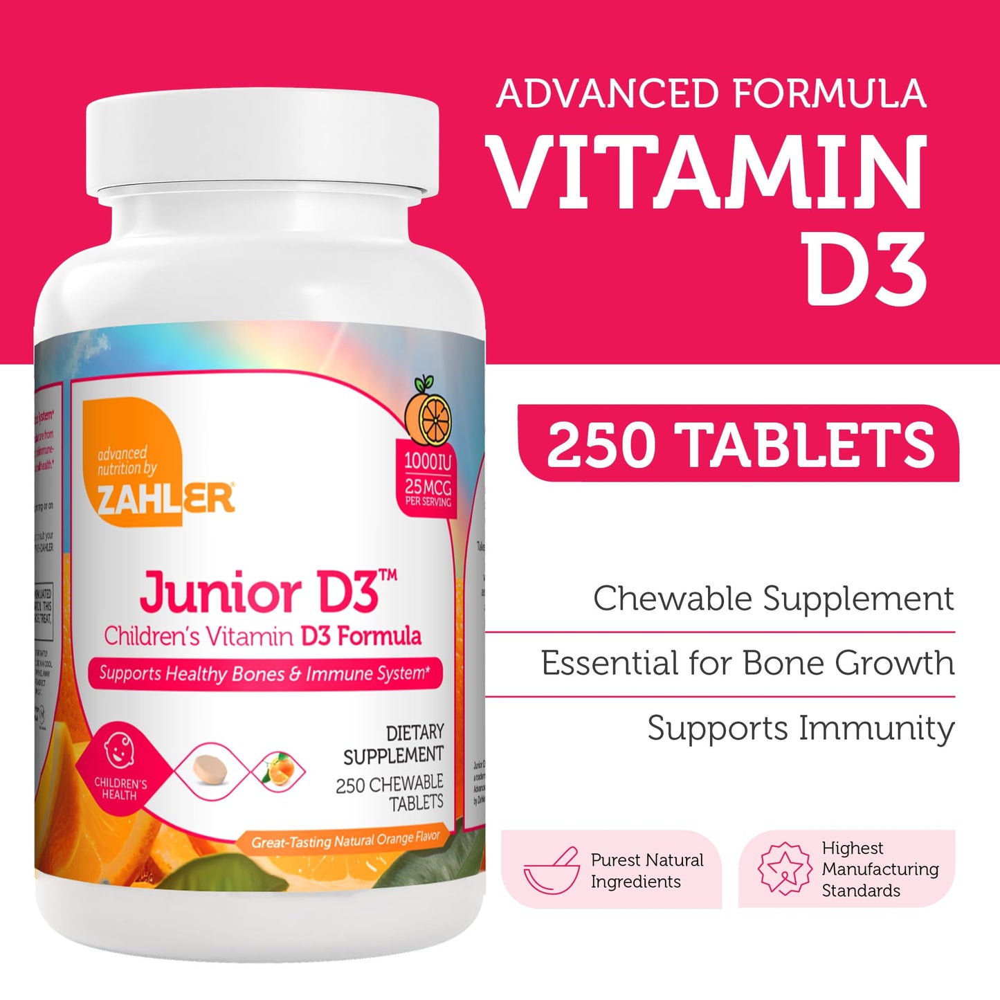Zahler Junior D3 Vitamin D3 for Kids – 1000 IU Chewable, Kosher, Orange Flavor