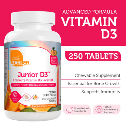 Zahler Junior D3 Vitamin D3 for Kids – 1000 IU Chewable, Kosher, Orange Flavor