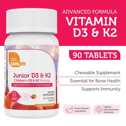Zahler Junior Vitamin D3 + K2 Chewables for Kids - 2000 IU | 90 Count | Kosher
