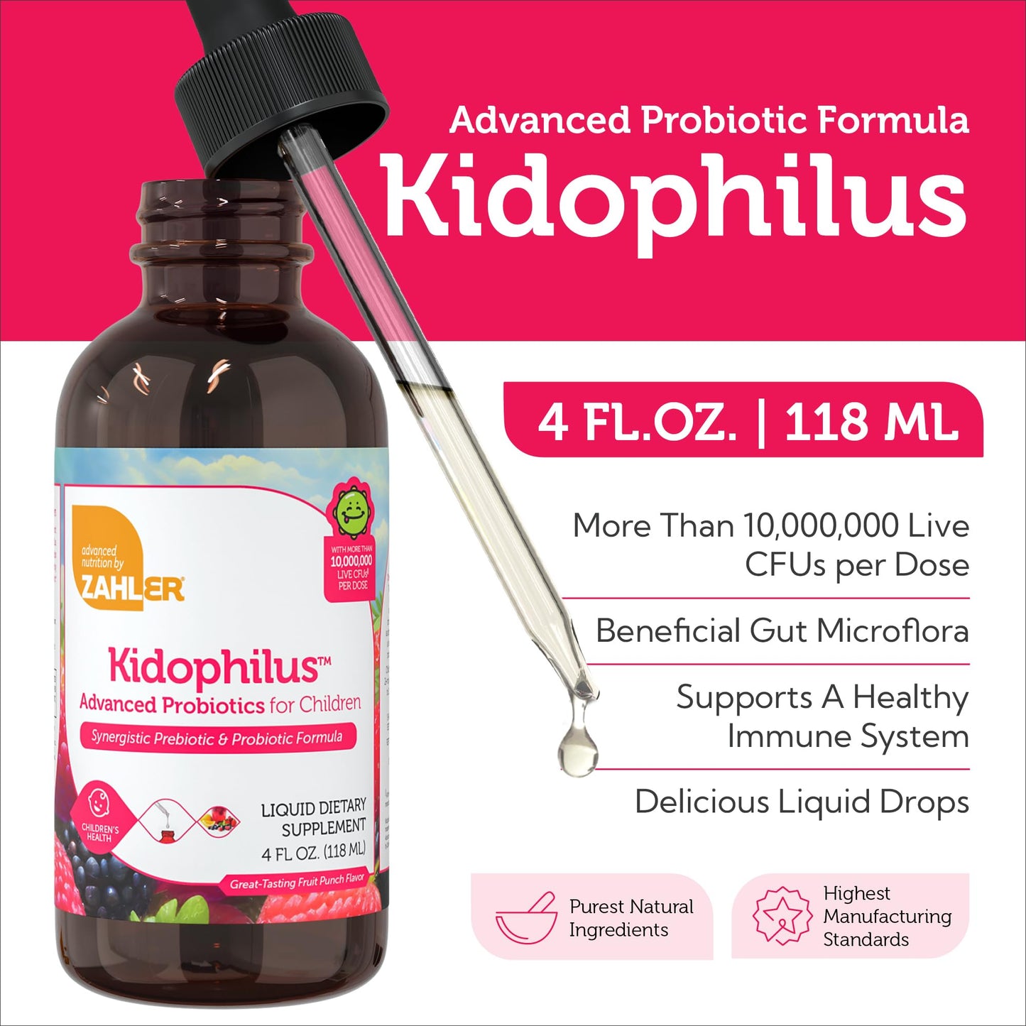 Zahler Kidophilus Liquid Probiotics for Kids – Fruit Punch, 4 fl oz
