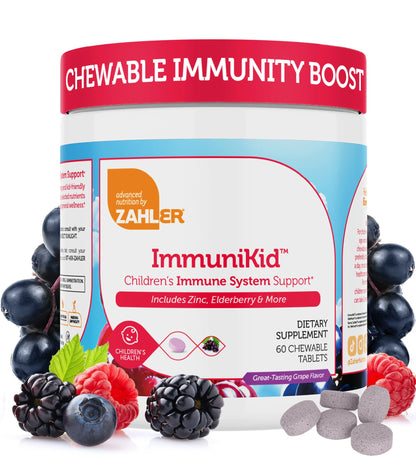 Zahler Kids Immune Support Supplement with Elderberry, Zinc & Vitamin C, D3 A – Grape Flavored Chewable Tablets, 60 Count