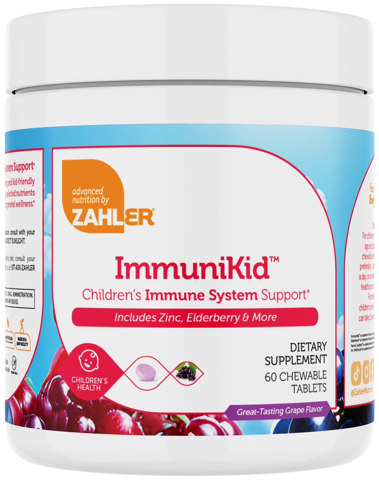 Zahler Kids Immune Support Supplement with Elderberry, Zinc & Vitamin C, D3 A – Grape Flavored Chewable Tablets, 60 Count